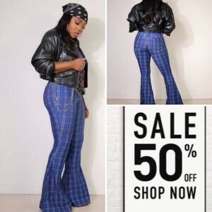 SPICE Vibrant Blue/Yellow Checkered Flare Pants. Excellent Condition NWOT Size M